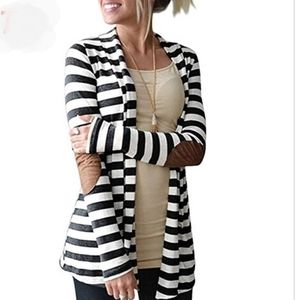 Gray & White Stripe Elbow Patch Cardigan Size Fits Like a Large